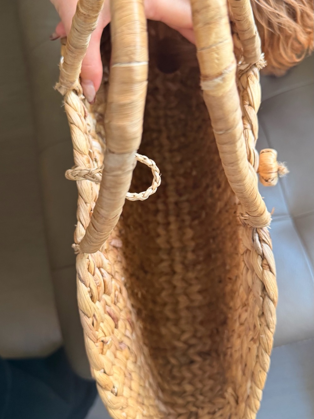 Japanese Woven Round Straw Tote Bag - Natural Tan - Picture 3 of 5